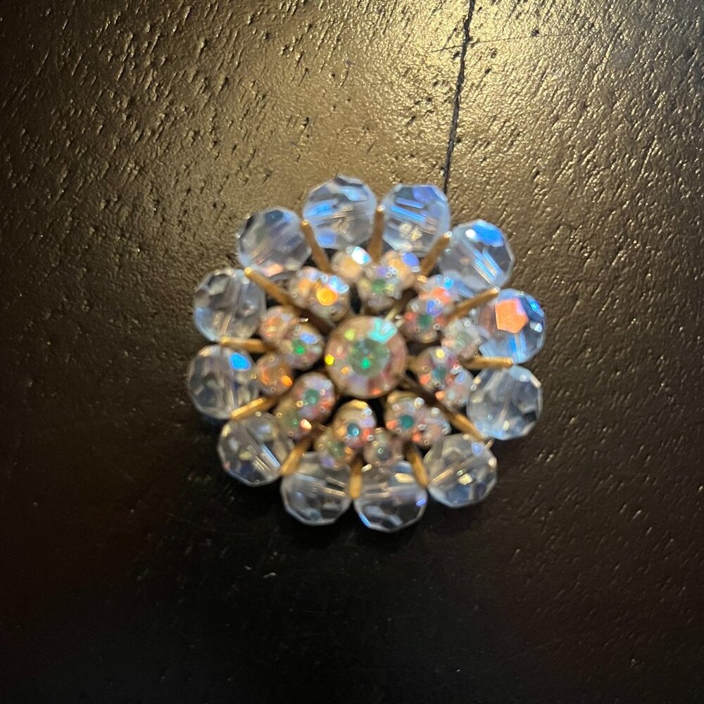 Vintage Aurora Borealis Beaded and Rhinestone Cluster Brooch Gold Tone